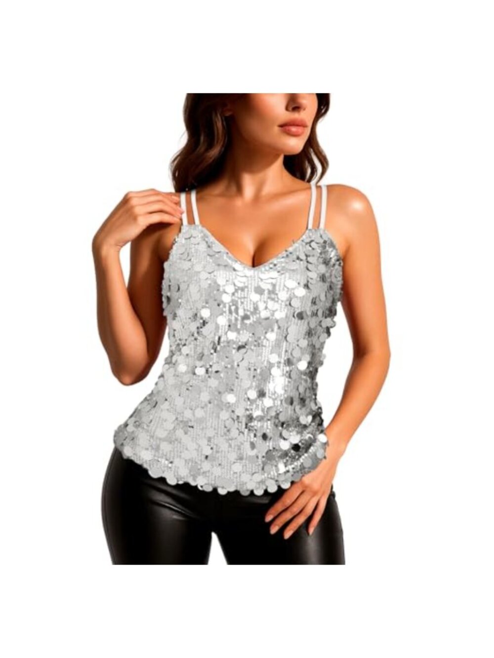 Sequin V Neck Strappy Camisole Tank Top Sleeveless Party Glitter Top